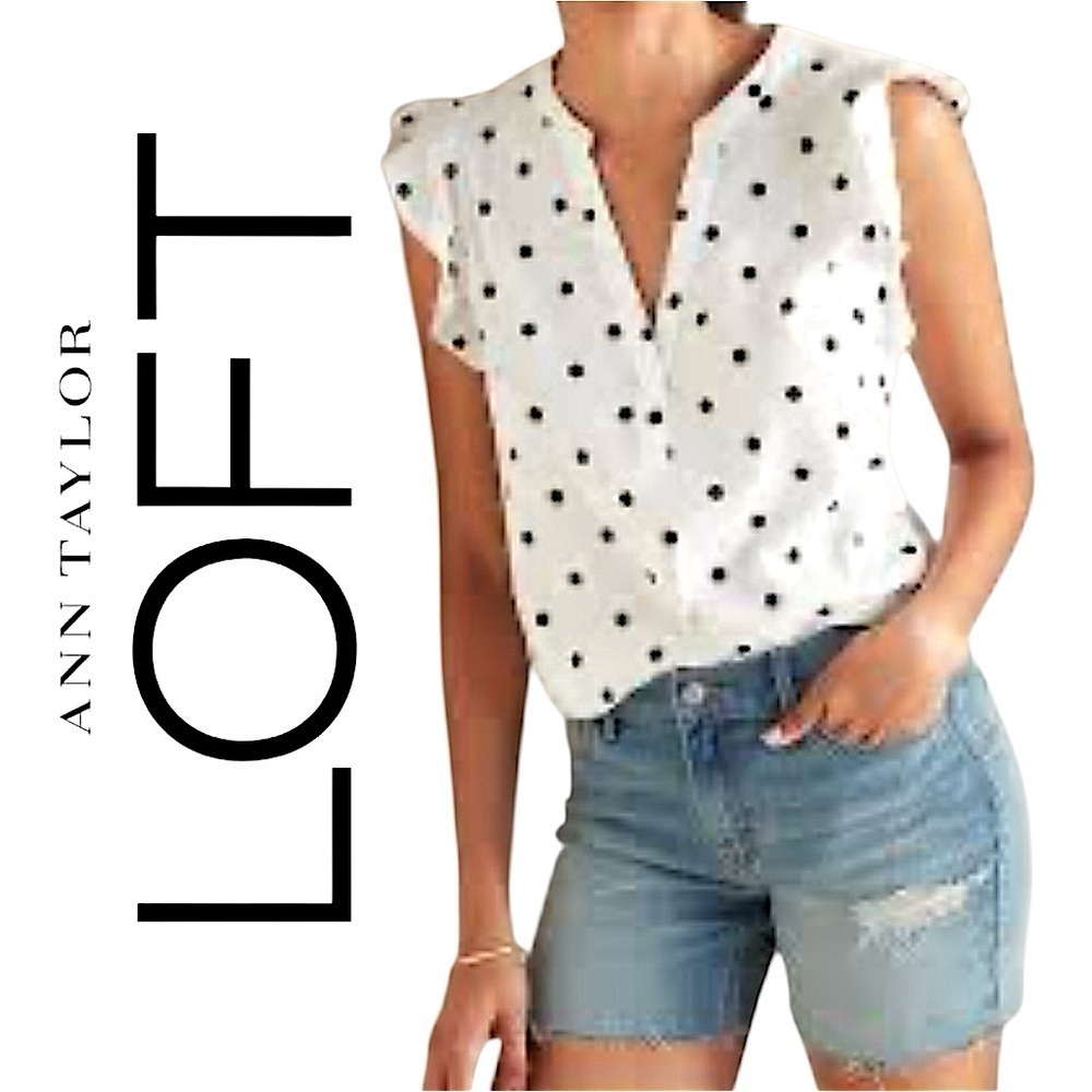 Loft Embroidered Polka Dots Top Flutter Sleeve Wrap Pleated Button Up White Navy